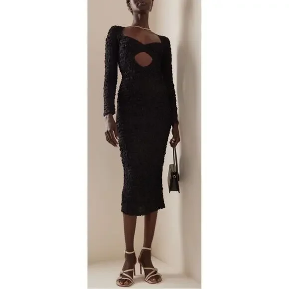 MARA HOFFMAN Dione Cutout Long Sleeve Popcorn Black Midi Dress Size Large MARA HOFFMAN Dione Cutout Long Sleeve Popcorn Black Midi Dress Size Large